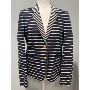 J Crew Schoolboy Navy White Stripe Blazer Gold Button Women's Size 8 Linen Blend